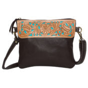 Tooling Leather Hand Carved Clutch Bag with Turquoise Base - Brown
