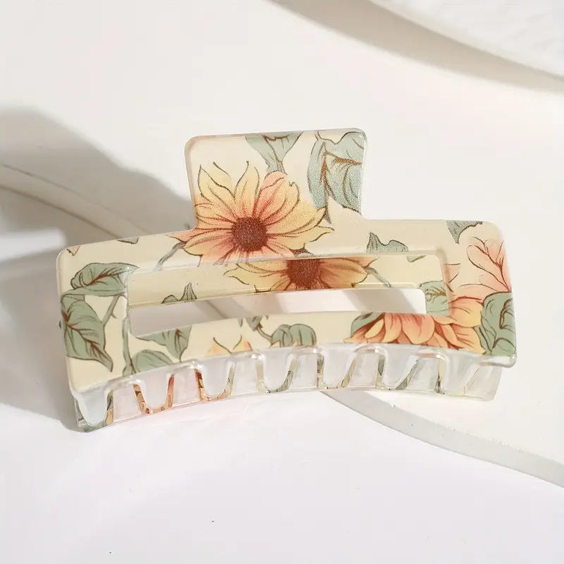 Simple Flower Print Large Square Hair Gripper Shark Clip - Assorted Colours