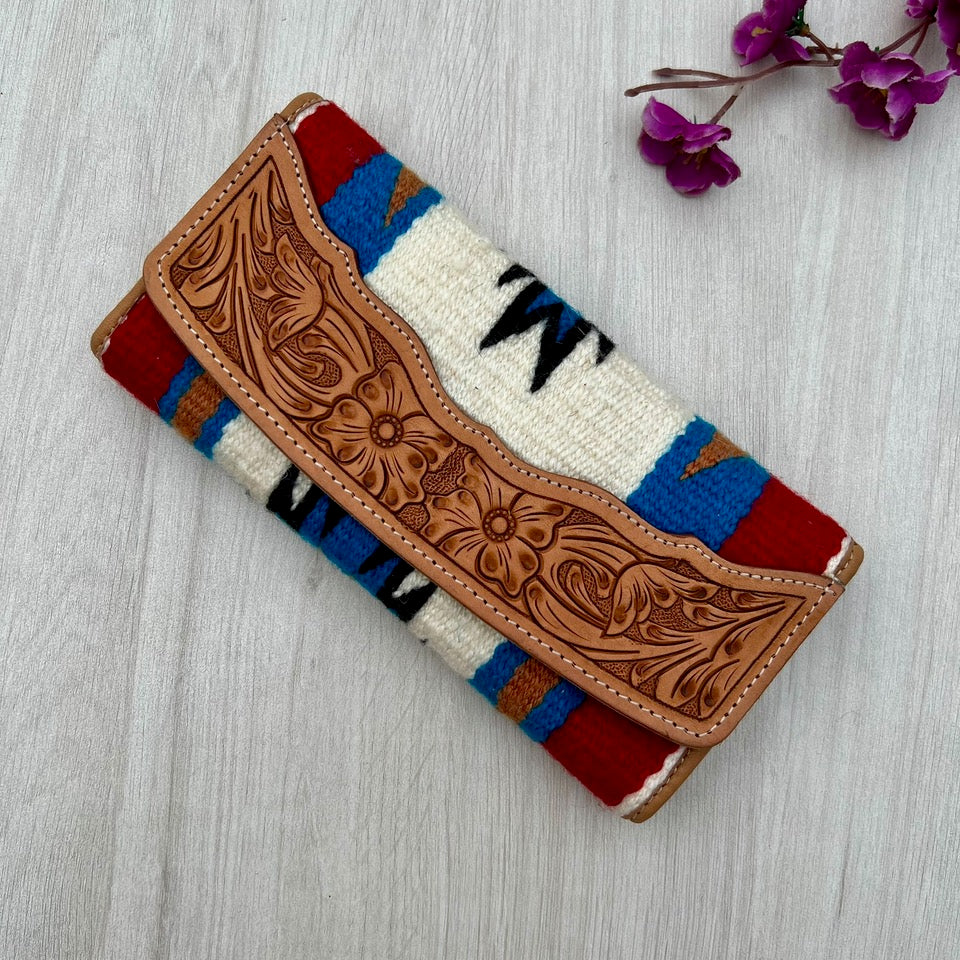 White Saddle Blanket Trifold Wallet with Tooled Leather
