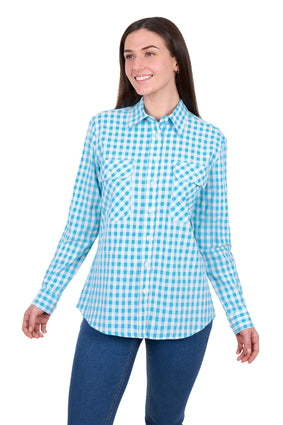 Hard Slog Women’s Fay Full Placket Long Sleeve Shirt – Blue/White