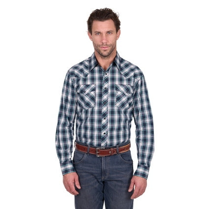 Wrangler Men’s Dustin Check Logo Western Long Sleeve Shirt