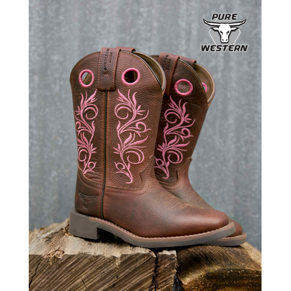 Pure Western Children’s Clara Boot – Dark Brown/Pink