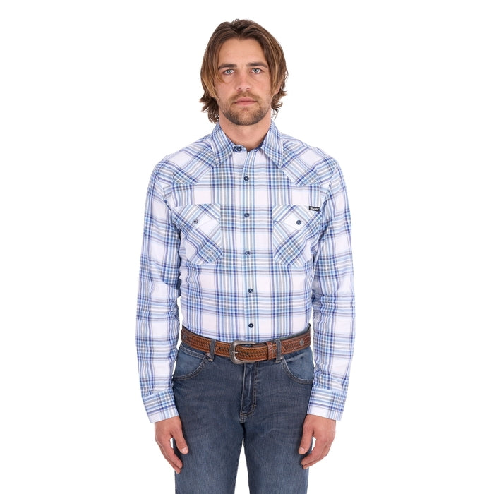 Wrangler Men’s Eric Check Western Button-Down Long Sleeve Shirt – Light Blue/Royal
