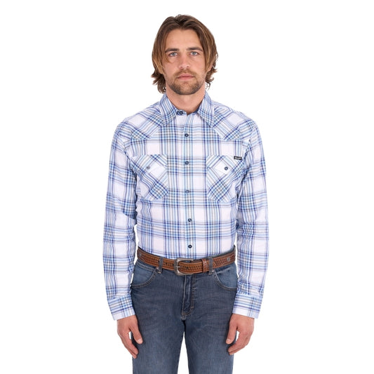 Wrangler Men’s Eric Check Western Button-Down Long Sleeve Shirt – Light Blue/Royal