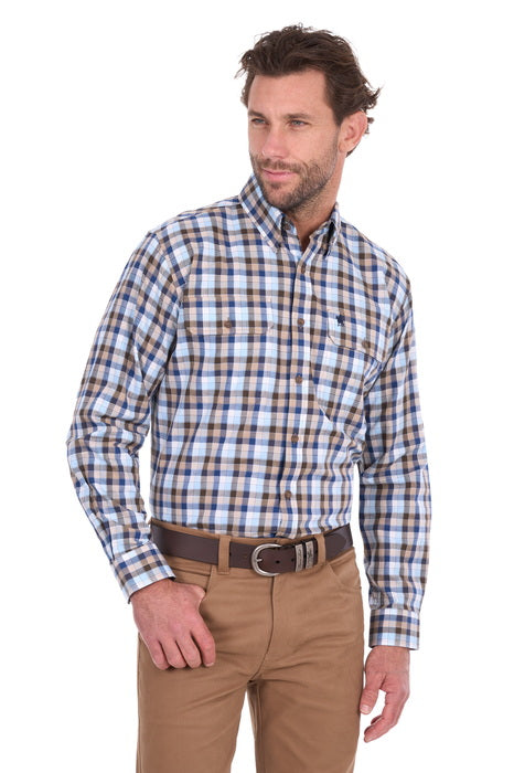 Thomas Cook Men’s Mitchell Check 2-Pocket Long Sleeve Shirt – Navy/Tan