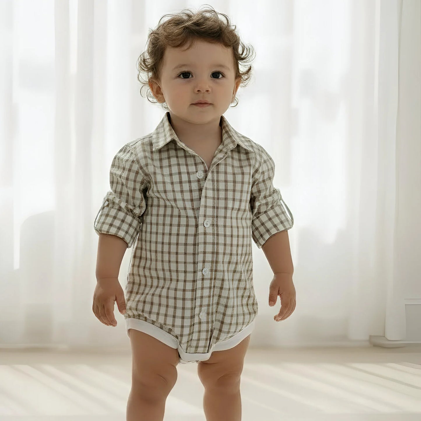 Love Henry Baby Boys Oxford Dress Shirt Romper – Tan Check