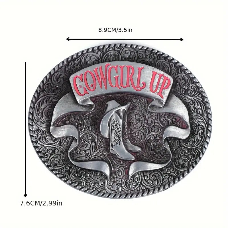 🤠 Giddy Up Belt Buckle – “Cowgirl Up” Engraved Alloy Design