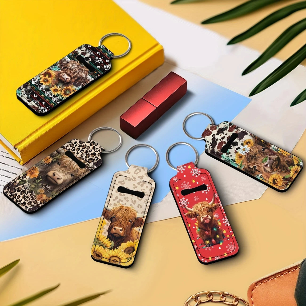 Leopard & Sunflower & Highland Cow Print Lipstick Holder Keychain