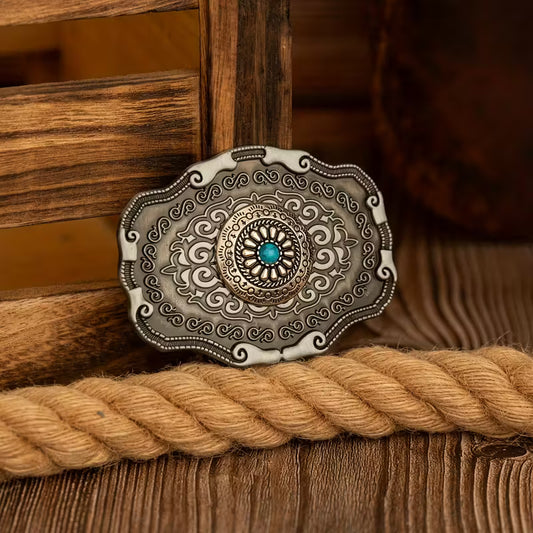 Western Floral Belt Buckle with Turquoise Stone Accent
