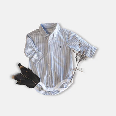 Baby Boys Dress Shirt Romper – Navy Pinstripe