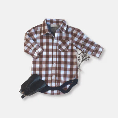Baby Boys Dress Shirt Romper – Large Bronze Check