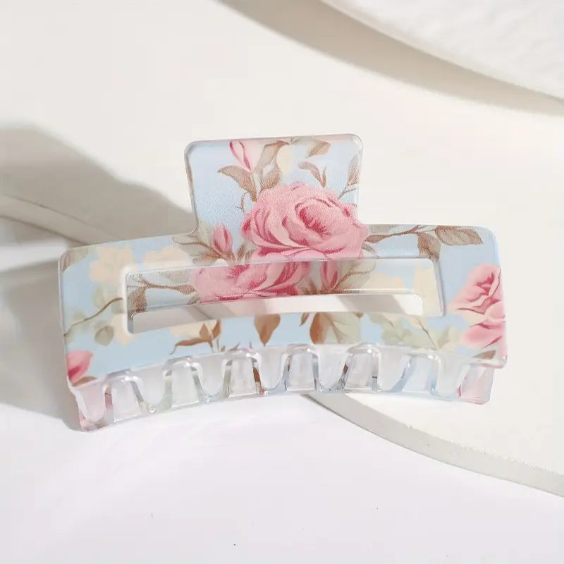 Simple Flower Print Large Square Hair Gripper Shark Clip - Assorted Colours