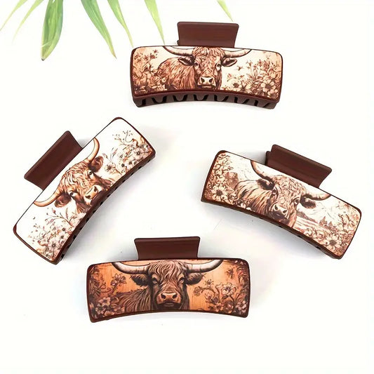 🌸 Vintage Cowboy Style Floral Yak Print Hair Claw Clips – PU Leather