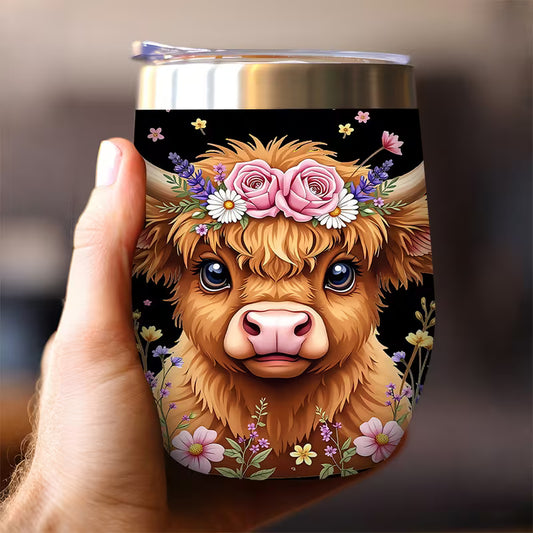 Highland Cow Floral Insulated Travel Mug – Stainless Steel Cup with Lid