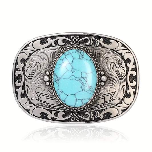 🤠 Western Cowboy Belt Buckle – Genuine Natural Turquoise Accent