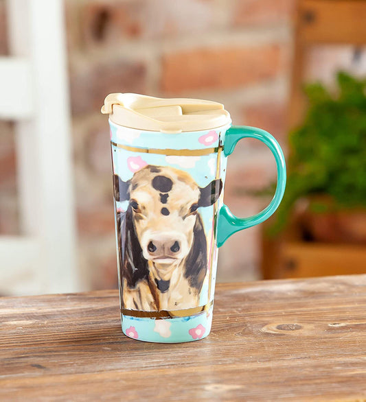 Ceramic Travel Mug with Metallic Accents – Myrtle the Cow