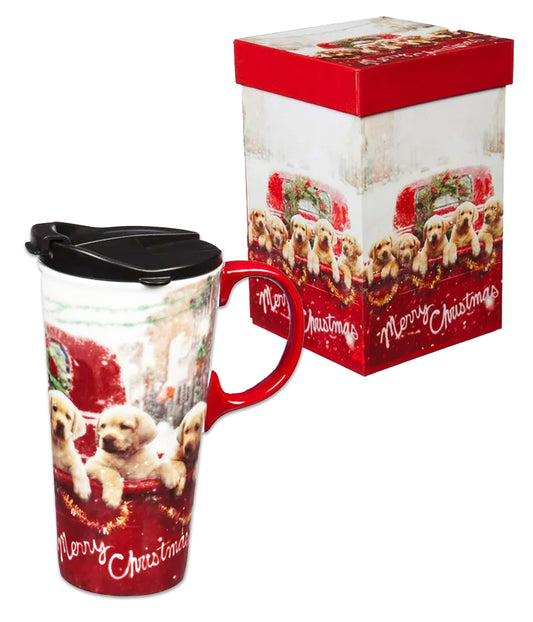 Ceramic Travel Cup Gift Box – Xmas Puppies 🐾🎄