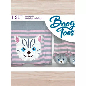 Grey Pink Cat Tight and Rattle Socks Gift Box 6-12M