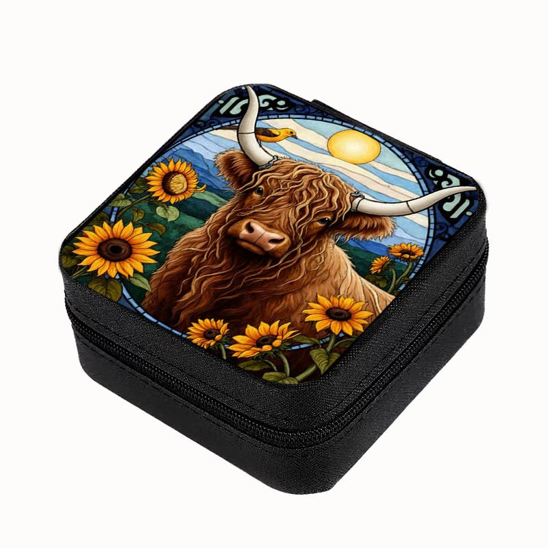 Highland Cow-Stained Glass Style Jewelry Box – Faux Leather Travel Organizer