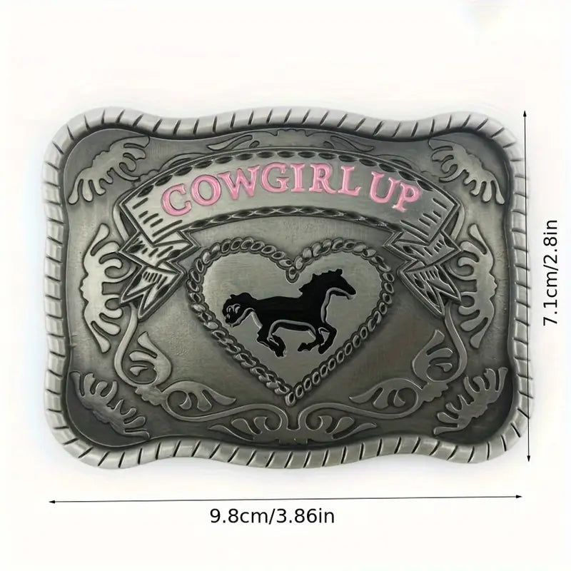 🤠 Vintage Western Cowgirl Up Alloy Belt Buckle – Horse & Floral Design