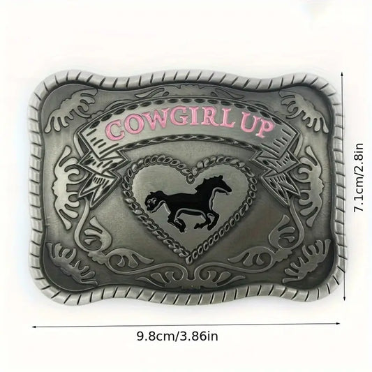 🤠 Vintage Western Cowgirl Up Alloy Belt Buckle – Horse & Floral Design