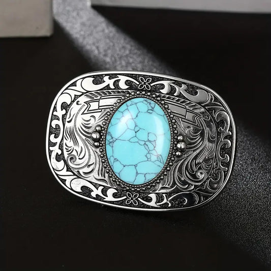 🤠 Western Cowboy Belt Buckle – Genuine Natural Turquoise Accent