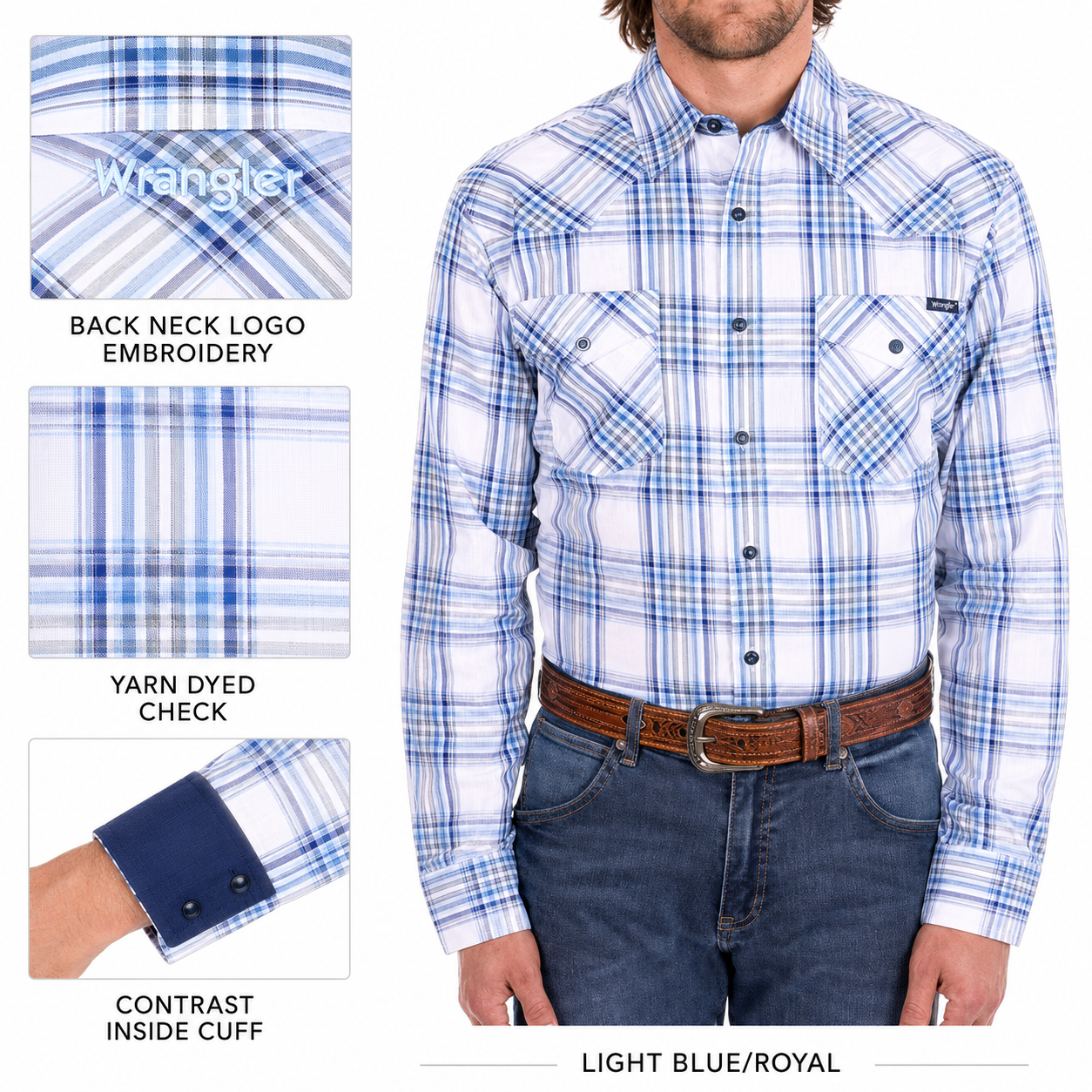 Wrangler Men’s Eric Check Western Button-Down Long Sleeve Shirt – Light Blue/Royal