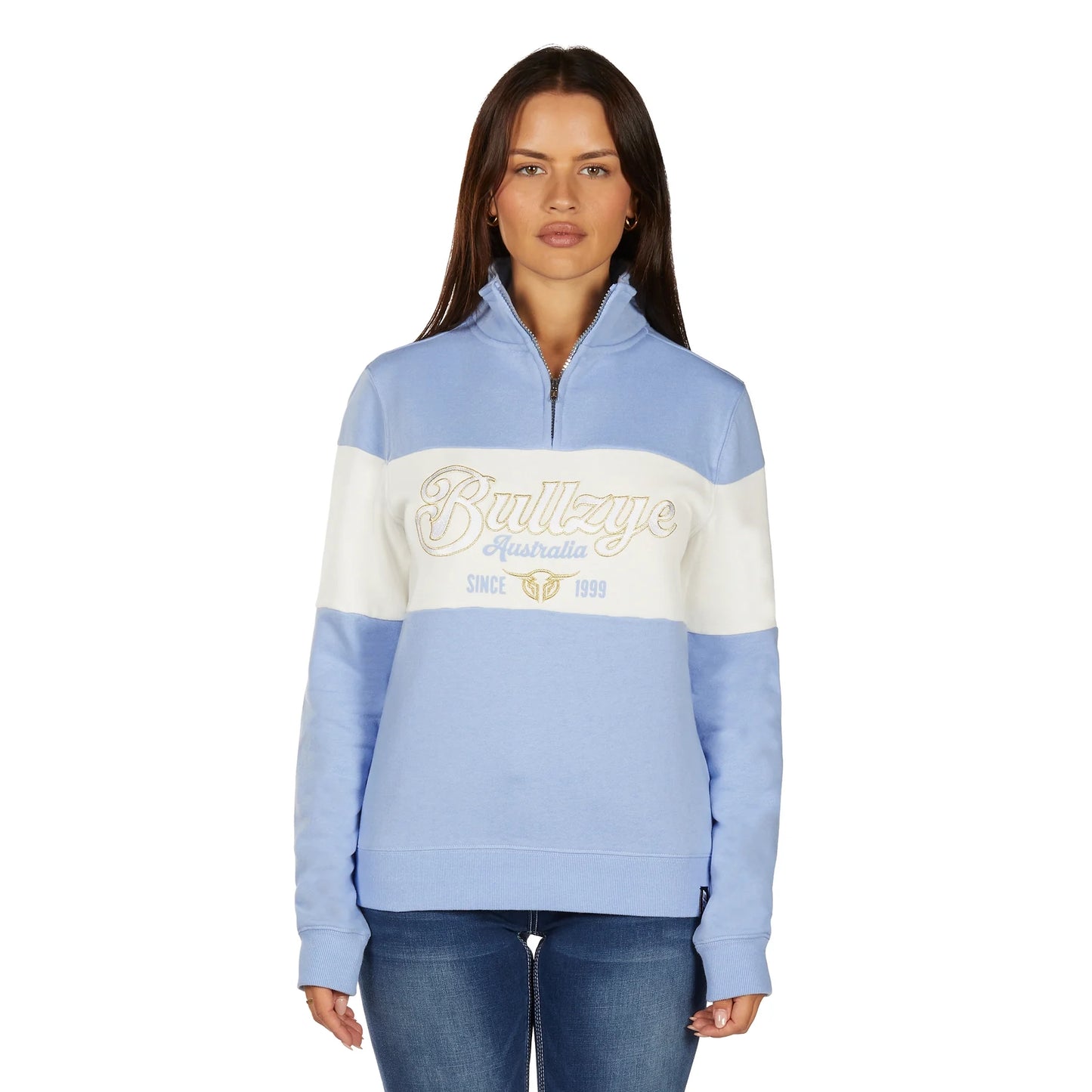 Bullzye Women’s Kai 1/4 Zip Pullover – Light Blue/Cream