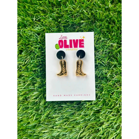 Gold Mirror Cowboy Boots Dangle Earrings Western Glamour - Small