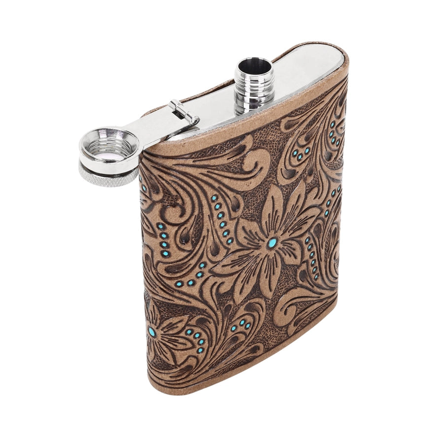 Mountain Trail Flask – Tan with Hand Tooled Leather & Turquoise, 8oz