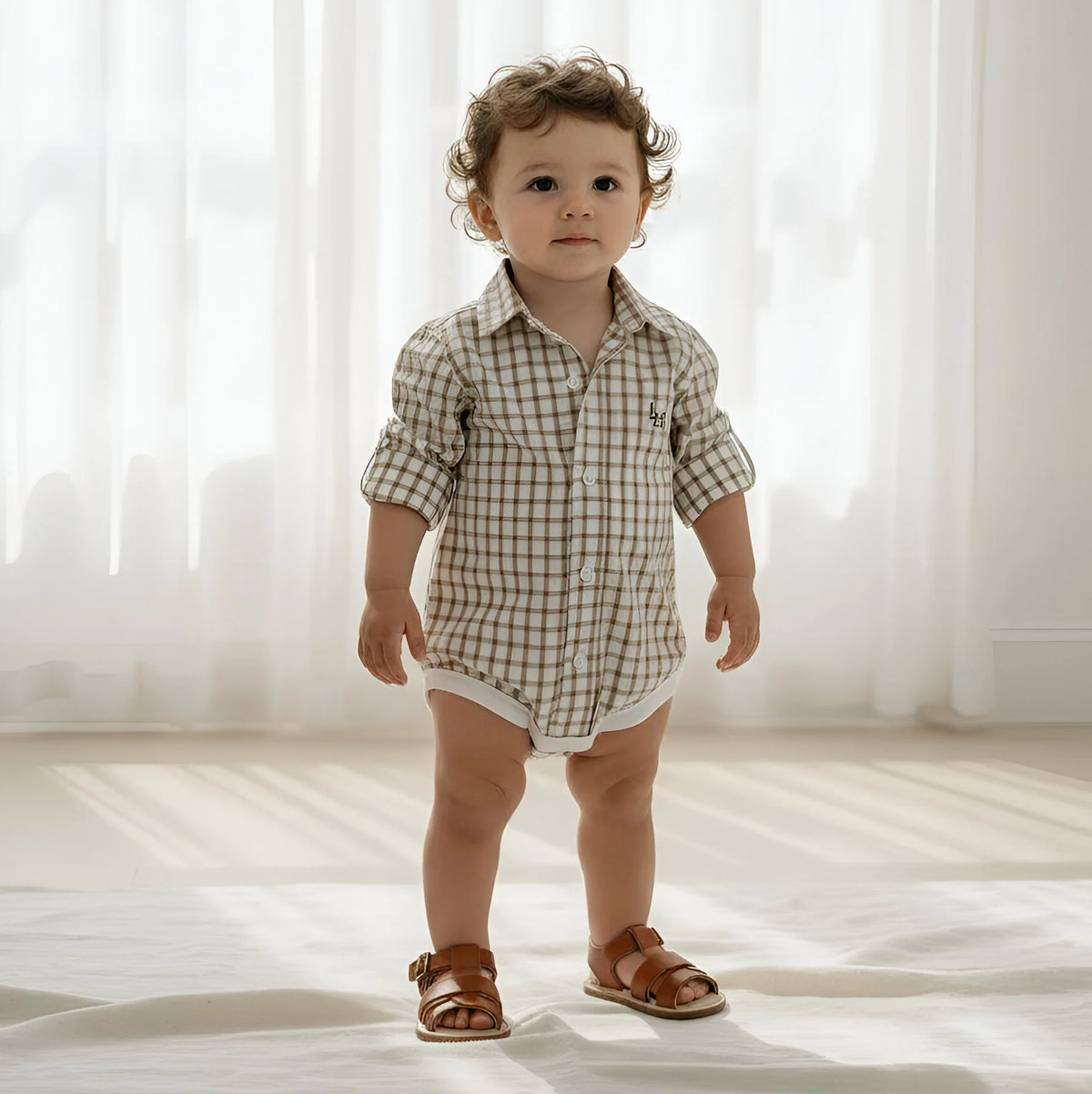 Love Henry Baby Boys Oxford Dress Shirt Romper – Tan Check
