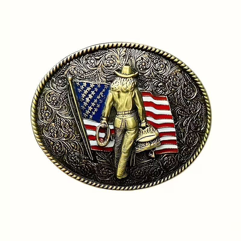Western Cowgirl & American Flag Belt Buckle
