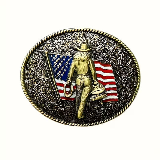 Western Cowgirl & American Flag Belt Buckle
