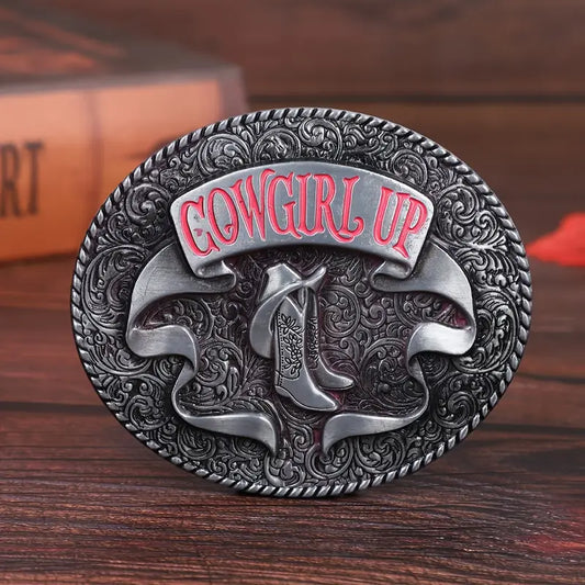 🤠 Giddy Up Belt Buckle – “Cowgirl Up” Engraved Alloy Design