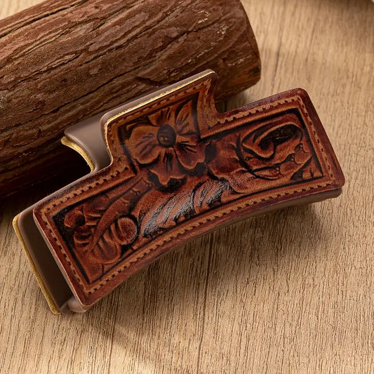 Elegant Cowgirl Style PU Leather Hair Claw Clip with Sunflower & Paisley Pattern