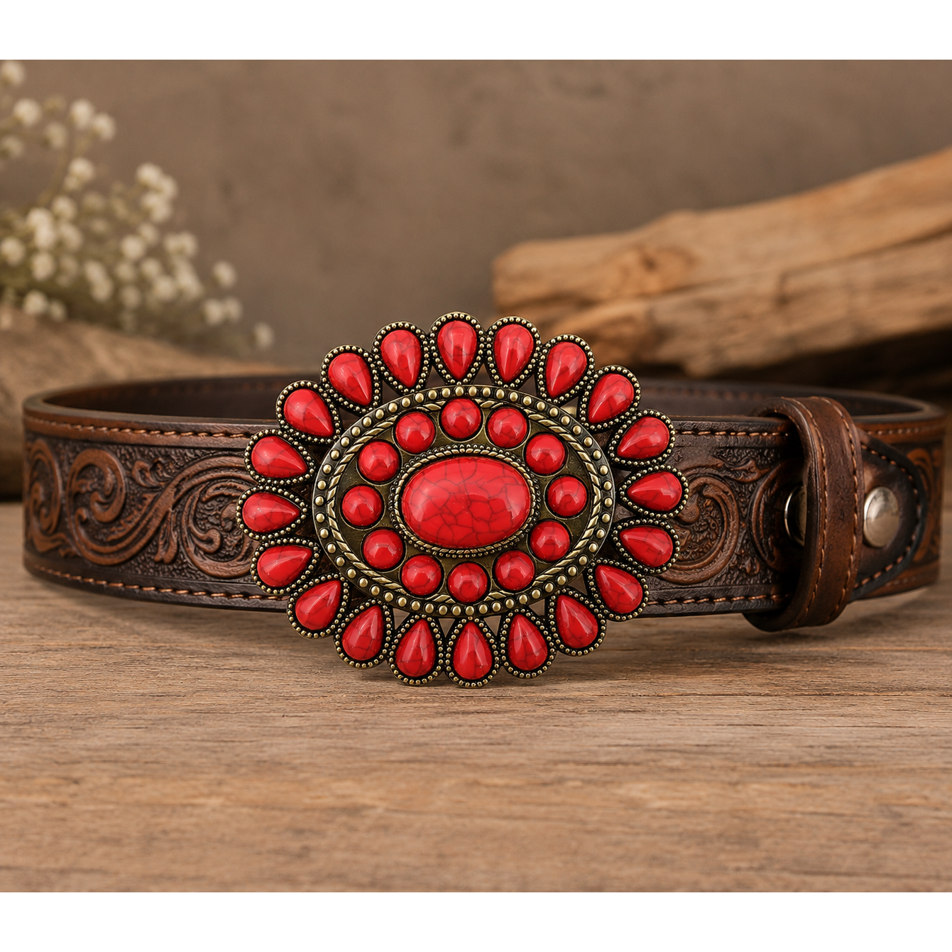 Western Red Stone Oval Belt Buckle
