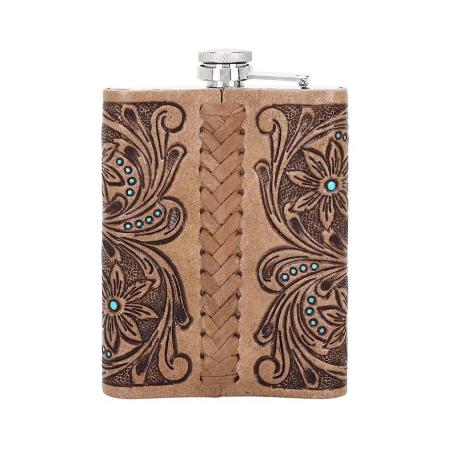 Mountain Trail Flask – Tan with Hand Tooled Leather & Turquoise, 8oz