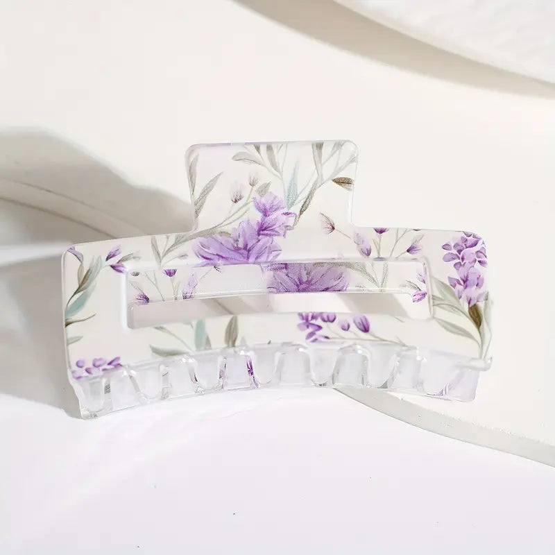 Simple Flower Print Large Square Hair Gripper Shark Clip - Assorted Colours