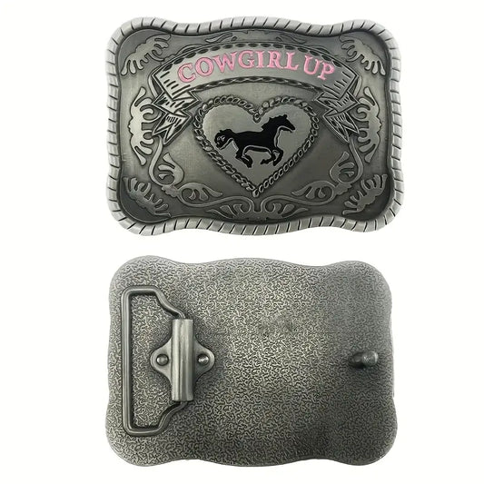 🤠 Vintage Western Cowgirl Up Alloy Belt Buckle – Horse & Floral Design