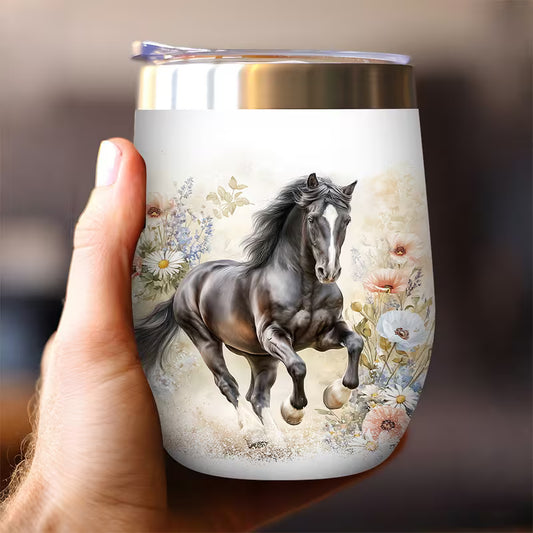 Watercolor Horse Floral 12oz Stainless Steel Vacuum Flask – Leakproof Insulated Drink Cup
