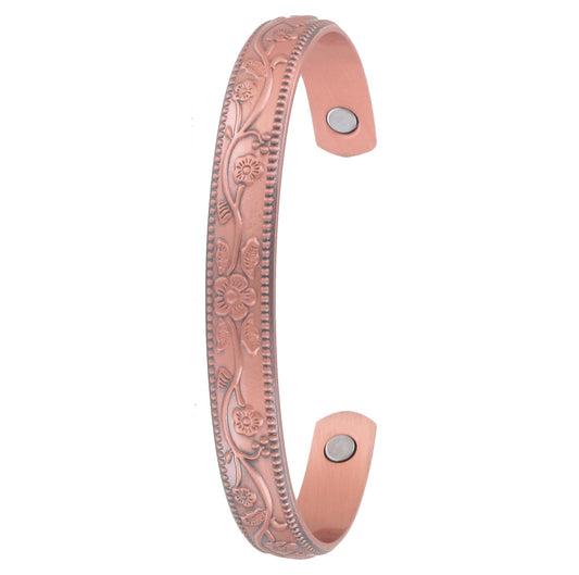 Floral Raised Design Copper Bangle – Solid Copper Magnetic Therapy Bracelet