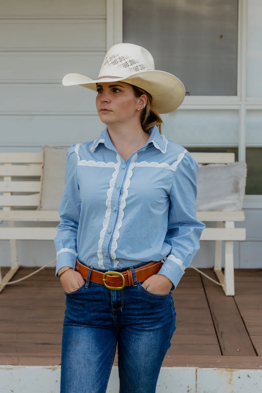 Black Colt – Ivy Scallop Trim Cotton Blouse | Blue