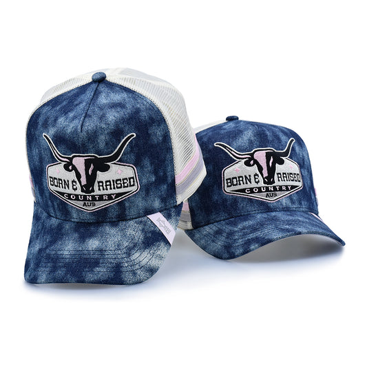 Born & Raised – Washed Blue Denim High Profile Trucker Hat