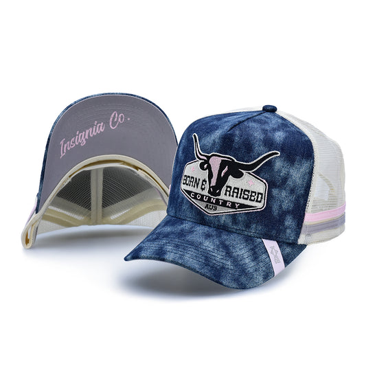 Born & Raised – Washed Blue Denim High Profile Trucker Hat