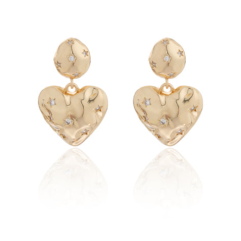 Gold-Plated Hammered Heart Drop Earrings with Star Detailing