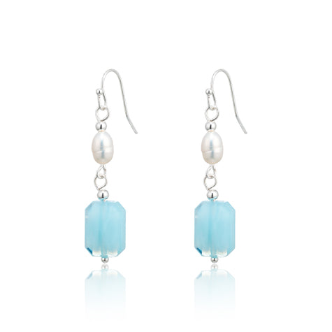 Sterling Silver Blue Gem & Pearl Drop Earrings