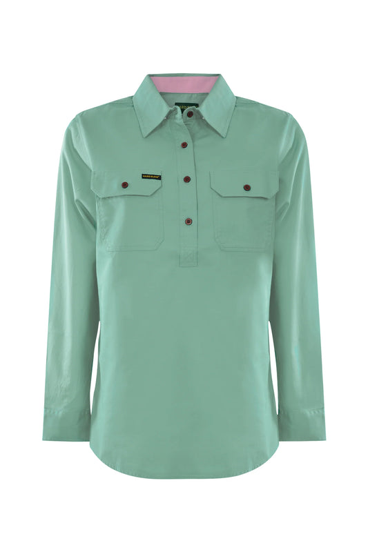 Women’s Half Placket Light Cotton Long Sleeve Shirt – Pastel Sage