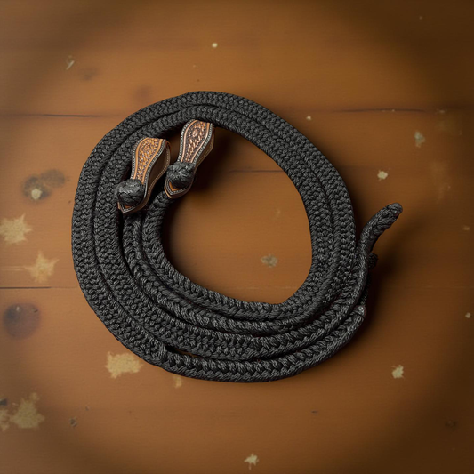 Blackie - New Black Campdraft Reins with Slobber Straps