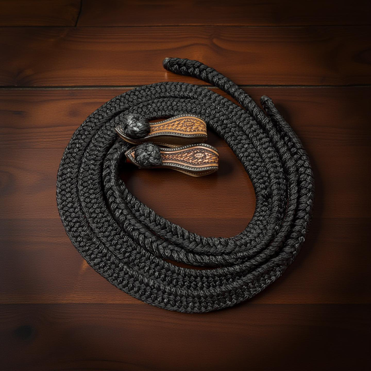 Blackie - New Black Campdraft Reins with Slobber Straps