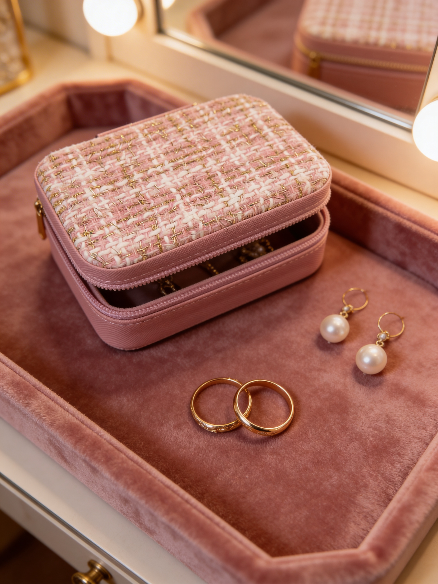 Quilted Travel Jewelry Organizer – Pink PU Leather Jewelry Box with Golden Threads